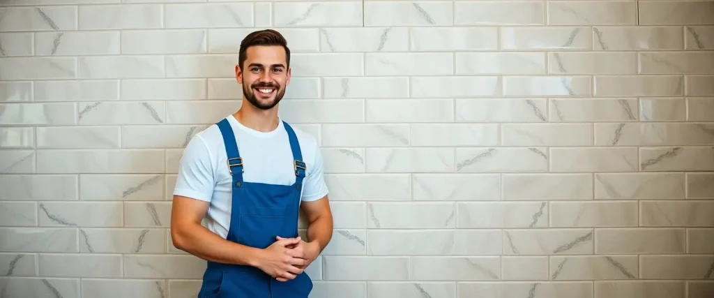 Albañil en un cuarto de baño de camiseta blanca y mono azul.