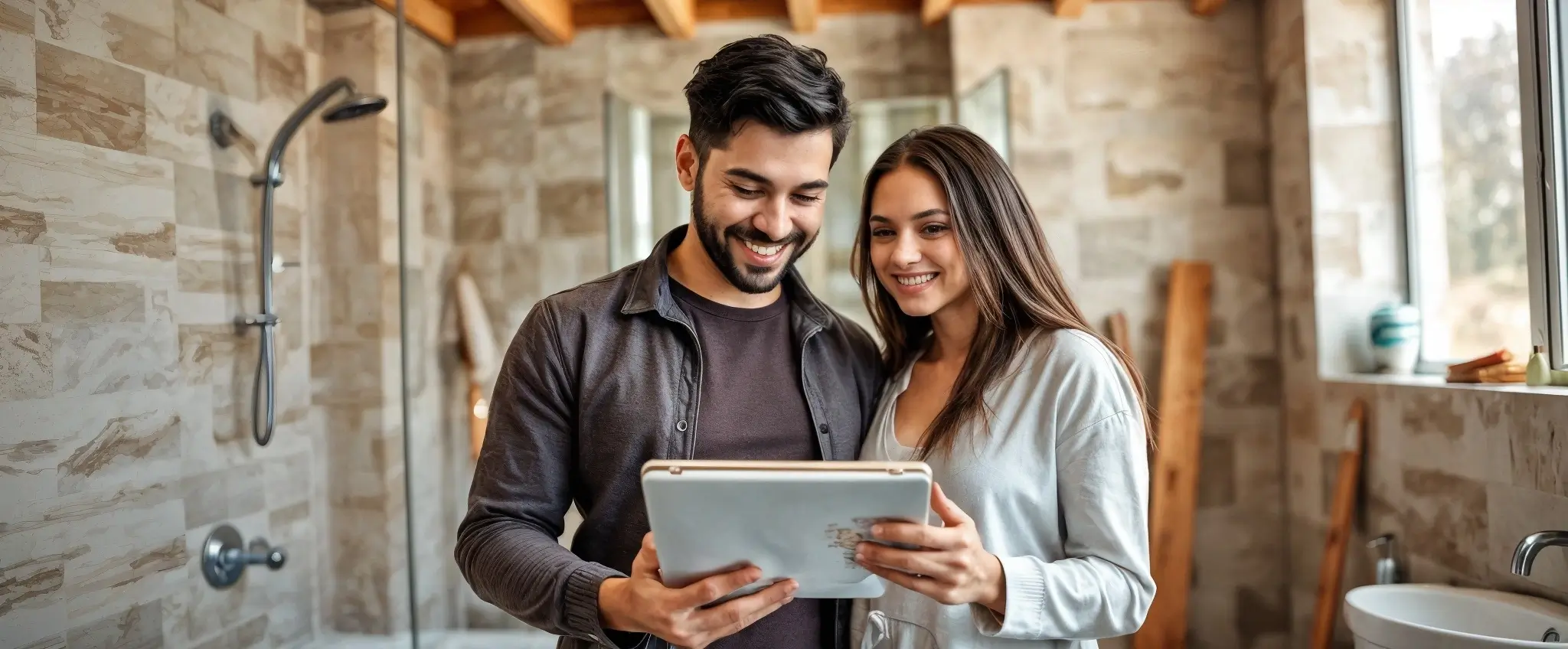 Una pareja está buscando productos en una tablet. Decoración.