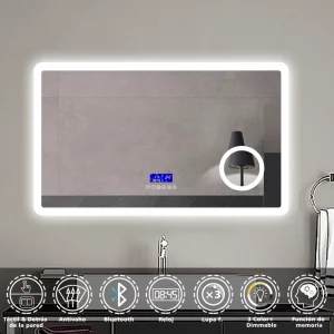 Espejo de baño LED 100×60cm，Bluetooth, Lupa x3 y reloj.