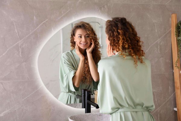Mujer se asea en el baño frente al espejo retroiluminado irregular de forma irregular.