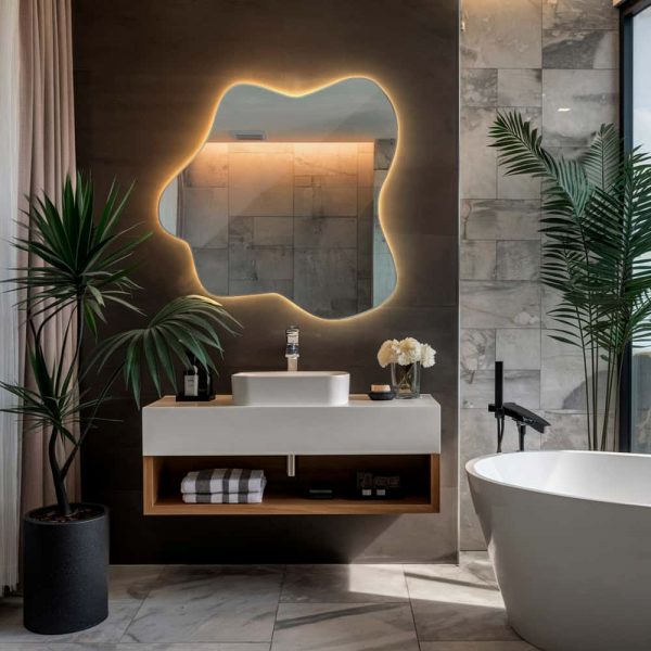 Mueble de baño con Espejo LED Orgánico 77,3 x 76,6 cm de luz Cálida y asimétrico.