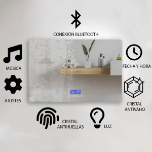 Espejo LED horizontal retroiluminado con fecha, hora y música - 120 x 60cm. de Vogo.