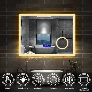 Espejo de baño Aica, 80x60 cm, con luz LED integrada, antivaho, Bluetooth, reloj, termómetro, sensor táctil y lupa con aumento 3x - Bluetooth.