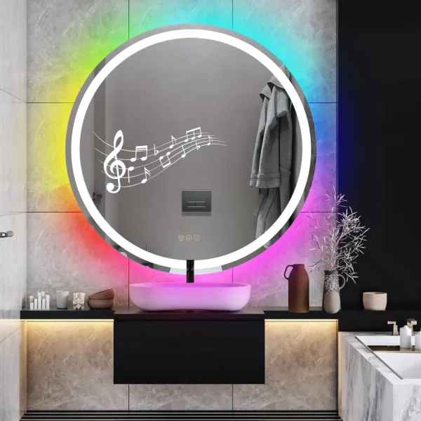 Espejo de baño con LED Saturno antivaho, táctil, altavoz, bluetooth 60x60 cm.