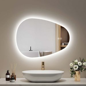 Espejo de baño con iluminación, (horizontal) 50 x 70 cm, Espejo LED Asimétrico, Interruptor Táctil, 3 Colores de Luz Ajustables, Espejo Anti-vaho.