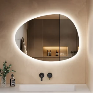 Espejo de baño Safelina con iluminación, (horizontal) 55 x 75 cm, Espejo LED Asimétrico, Interruptor Táctil, 3 Colores de Luz Ajustables, Espejo Anti-vaho.