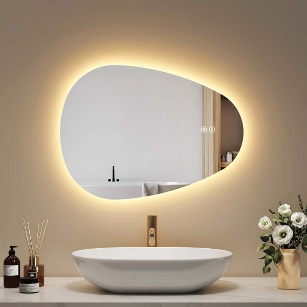 Espejo de baño Emke con iluminación, (horizontal) 60 x 45 cm, Espejo LED Asimétrico, Interruptor Táctil, 3 Colores de Luz Ajustables, Espejo Anti-vaho.
