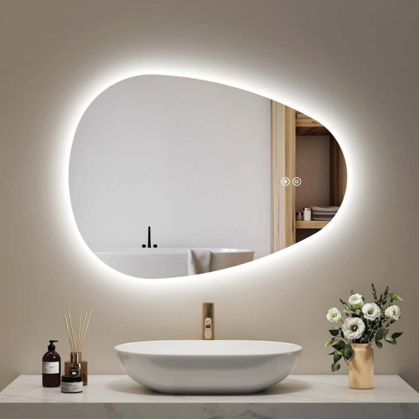 Espejo de baño con iluminación, (horizontal) 60 x 80 cm, Espejo LED Asimétrico, Interruptor Táctil, 3 Colores de Luz Ajustables, Espejo Anti-vaho.