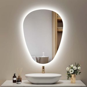 Espejo de baño con iluminación, (vertical) 60 x 80 cm, Espejo LED Asimétrico, Interruptor Táctil, 3 Colores de Luz Ajustables, Espejo Anti-vaho.