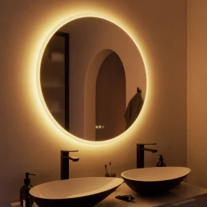 Espejo de baño con luz LED ambiente, frontal Neo Line con antivaho, táctil 90x90 cm.