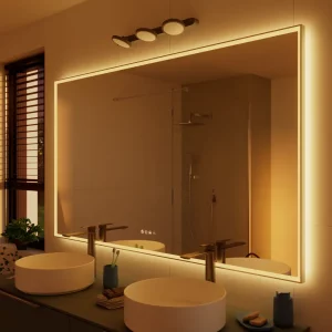 Espejo de baño con luz LED ambiente, frontal, , New Frame con antivaho, táctil 150x90 cm.