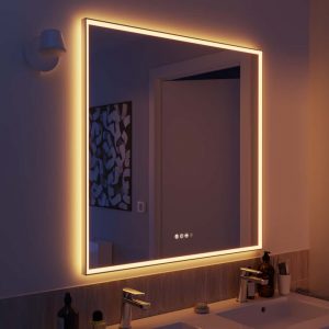 Espejo de baño con luz LED ambiente, frontal, , New Frame con antivaho, táctil 90x90 cm.