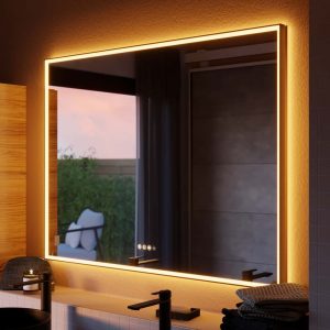 Espejo de baño con luz LED ambiente, frontal, , New Frame negro con antivaho, táctil 120x90 cm.