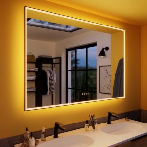 Espejo de baño con luz LED ambiente, frontal, , New Frame negro con antivaho, táctil 135x90 cm.