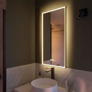 Espejo de baño con luz LED ambiente, frontal, , New Frame negro con antivaho, táctil 45x90 cm.