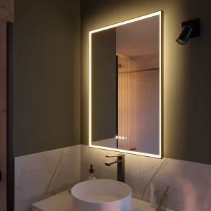Espejo de baño con luz LED ambiente, frontal, , New Frame negro con antivaho, táctil 60x90 cm.