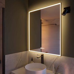 Espejo de baño con luz LED ambiente, frontal, , New Frame negro con antivaho, táctil 75x90 cm.