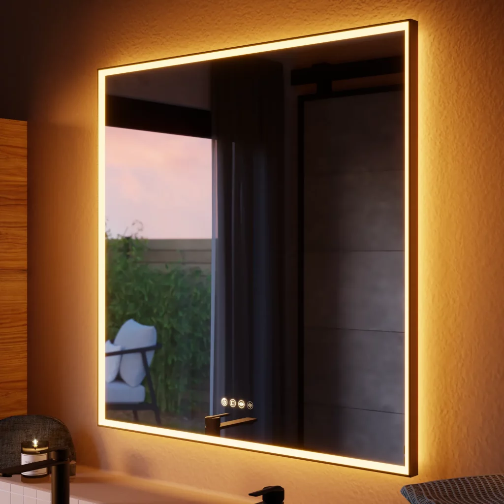 Espejo de baño con luz LED ambiente, frontal, , New Frame negro con antivaho, táctil 90x90 cm.