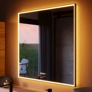 Espejo de baño con luz LED ambiente, frontal, , New Frame negro con antivaho, táctil 90x90 cm.