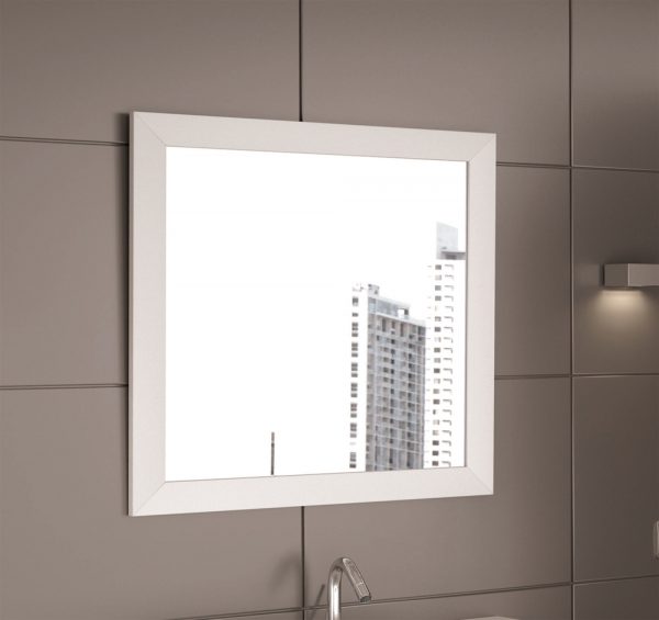 Ambiente de baño con espejo enmarcado cuadrado Roma blanco 80 x80 cm. Visobath.
