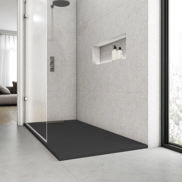 Plato de Ducha 70x90 Modelo Palermo II – Textura Pizarra y Extraplano – Negro (RAL 9005).