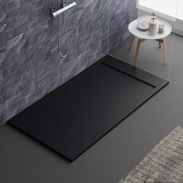 Plato de ducha negro, diseño moderno, modelo Sevilla, de mármol y resina con efecto piedra pizarra, luxury, gelcoat, slim 3 cm 90 x 120 cm.
