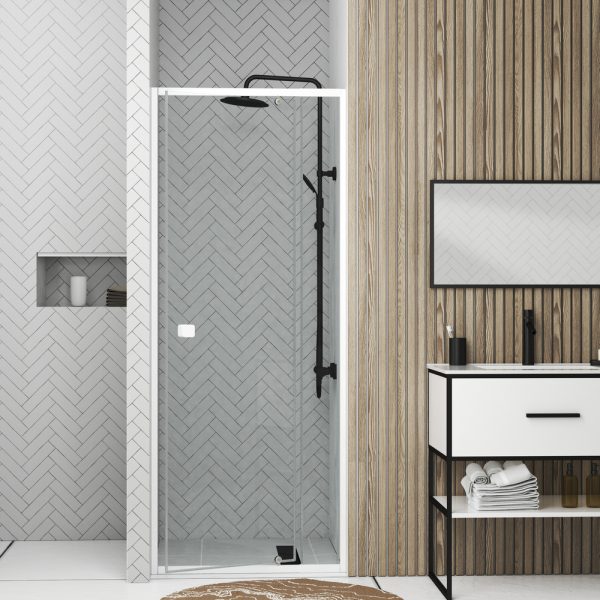 Puerta de Ducha Pivotante Ajustable 69 a 80cm en Aluminio Blanco y Vidrio puerta abierta.