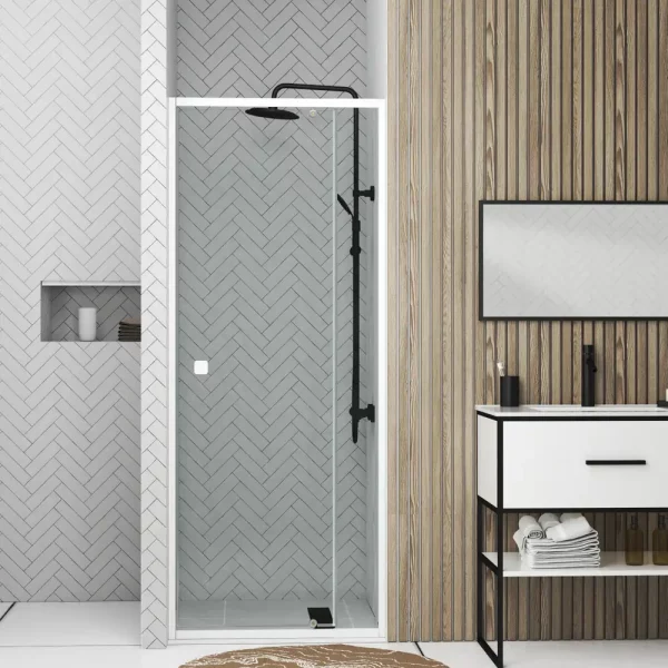 Puerta de Ducha Pivotante Ajustable 69 a 80cm en Aluminio Blanco y Vidrio.