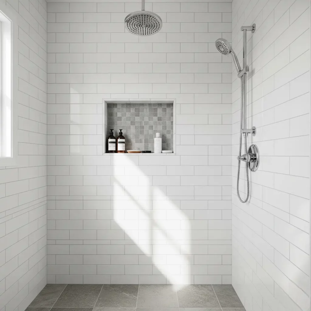 Nicho de ducha en una baño minimalista.