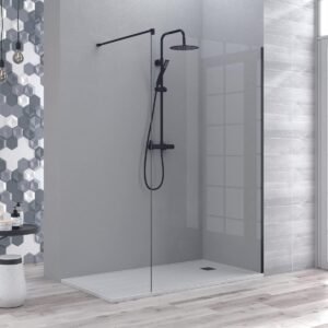 Mampara fija de ducha 90 cm Manacor de Becrisa negra con cristal transparente.